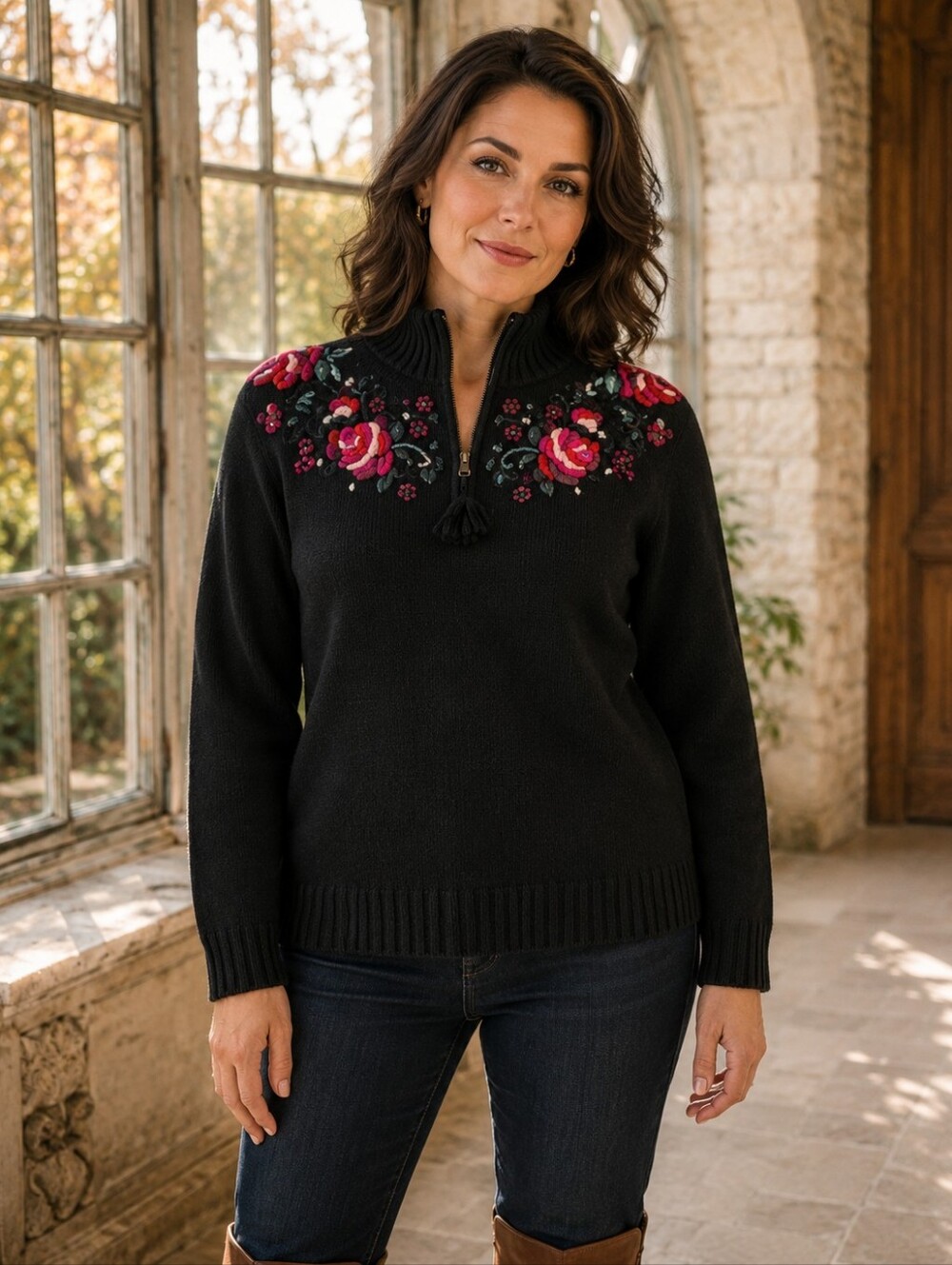 Vintage Jillian Jones Floral Embroidered Lambswool 1/4 Zip Sweater LP